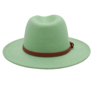 Detail of mint green wool felt fedora featuring a vintage brown leather belt buckle band