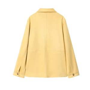 Back view of a yellow faux suede jacket with cross stitching and buttoned cuffs