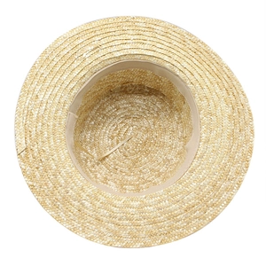 Flat top straw hat with natural weave texture and internal adjustable ribbon