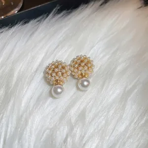 French luxury gold plated clustered pearl stud earrings with drop pearl pendant