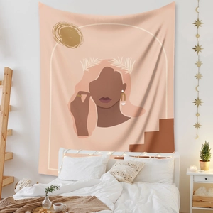 Modern bohemian tapestry with abstract female silhouette and geometric warm shapes