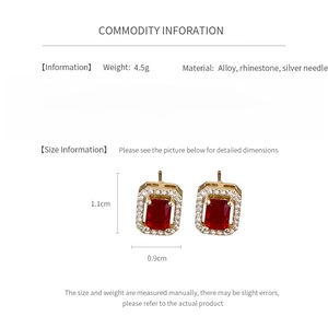 Detailed view showing product dimensions and alloy material for red crystal earrings