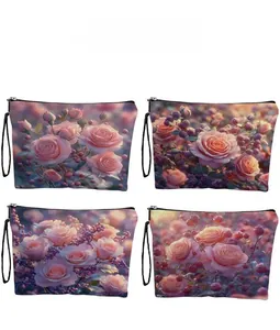 Detailed pattern display of floral toiletry bags with pink roses and black wristlets