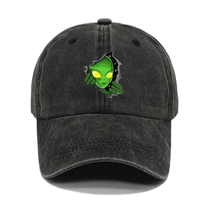 Vintage washed black baseball cap with a green alien patch embroidery on the front