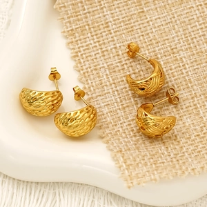 Golden geometric oval stud earrings with hammered and braided textures for women