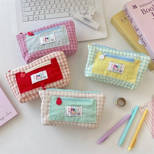 Large capacity plaid canvas pencil cases in four vibrant colors with contrast pockets