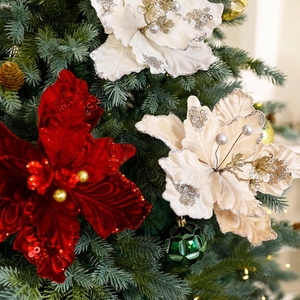 20cm Velvet Christmas flowers with glitter decorating a festive tree in red and cream