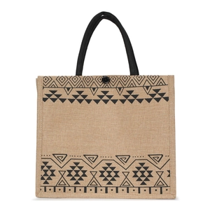 Detailed texture of jute tote bag featuring black ethnic geometric patterns and handles