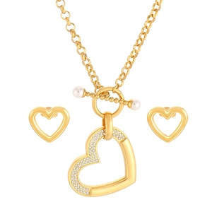 Parure de bijoux cœur doré avec pendentif strass et perles pour femme en acier inoxydable