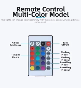 Detail of 24-key IR remote control for LED lamp showing 16 colors and 4 lighting modes