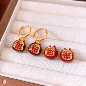 Vintage 18K gold plated pomegranate drop earrings and studs with red enamel and crystals