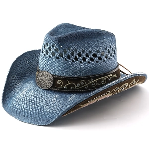 Navy blue straw western cowboy hat with wide brim and vintage floral metal buckle