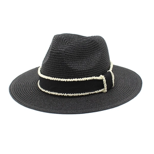 Classic black straw Panama hat with elegant double-row white pearl ribbon decoration