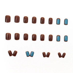 24pcs short square press-on nails in mocha brown and morandi blue glossy finish