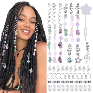 Ensemble de Bijoux de Tresse Africaine DIY Alliage Papillon Arbre de Vie Pendentifs Anneaux Pierre Naturelle Strass Accessoires de Tresse Décoration de Cheveux Ethnique