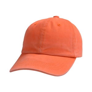 Detailed side view of a children's washed cotton baseball cap in vibrant neon orange color
