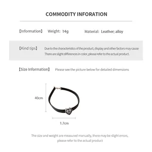 Size guide for leather heart choker showing 40cm length and 1.7cm pendant width