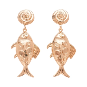Stylish gold metallic fish earrings with spiral studs and detailed fish scale texture