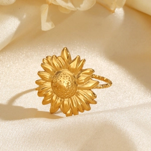 Bague Tournesol Acier Inoxydable Plaqué Or Ajustable Ouverte Bijoux Mode Pour Femmes Design Fleur