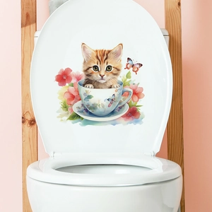 Watercolor cat in flower teacup wall sticker for bathroom toilet lid decoration
