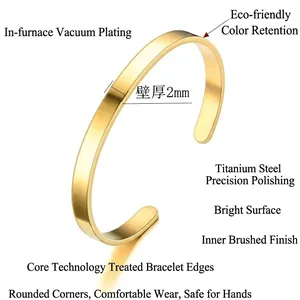 Minimalist gold C-shaped titanium steel cuff bracelet with 2mm thickness and polished finish