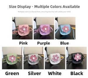 Detailed view of kids floral mini shoulder bags in seven vibrant glitter color options