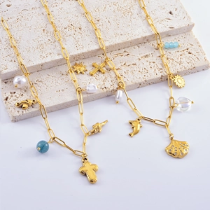 Fashion Titanium Steel Multi Pendant Necklace For Women With Imitation Artificial Pearl Cross Shell Dolphin Charms Bohemian Style