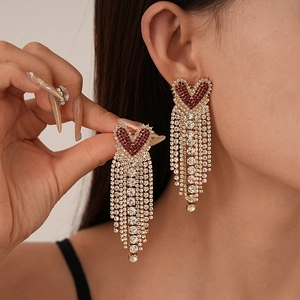 Heart Tassel Earrings Alloy Rhinestone With 925 Sterling Silver Earring Post Luxury Fashion Jewelry For Women