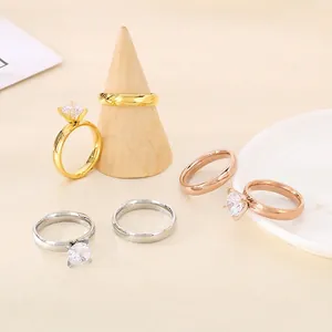 Stainless Steel Solitaire Ring And Plain Polished Band Cubic Zirconia Minimalist Classic Couple Wedding Jewelry