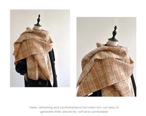 Detail of rose and plaid pattern on soft cashmere-like scarf with high-quality texture