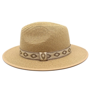 Ethnic straw Panama hat with tribal embroidery band and sun protection weave