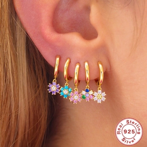 Five-piece set of S925 sterling silver hoop earrings with colorful zircon sunflower charms