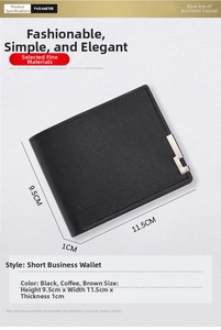 Macro view of slim men's bi-fold wallet showing 11.5cm width and 9.5cm height