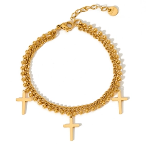 Double-layered gold stainless steel bracelet with cross pendants and round bead chain