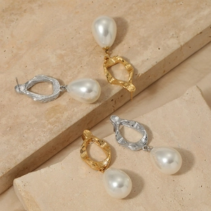 Elegant stainless steel earrings with gold and silver hoops and drop pearl pendants