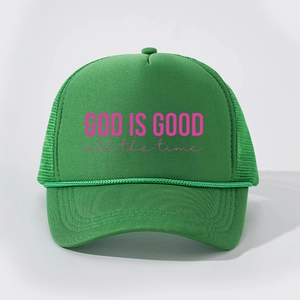 Green trucker hat with pink God is Good slogan and breathable mesh back view