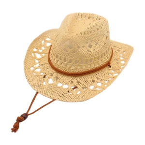 Breathable hollow-out beige cowboy straw hat with decorative rope and tassels