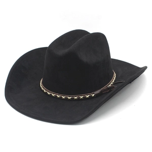 Classic black suede western cowboy hat with a brown braided leather band and wide flat brim