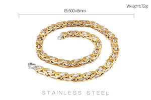 Macro detail of two-tone stainless steel Byzantine chain showing its polished metal texture