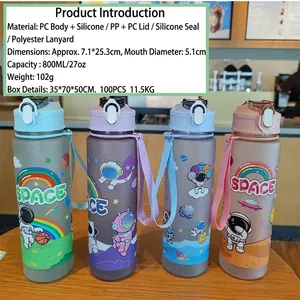 Cartoon Astronaut mattierte 800ml Kunststoff Trinkflasche mit Strohhalm und Gurt