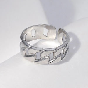 Stainless Steel Cuban Link Chain Open Ring Adjustable Punk Hip Hop Finger Jewelry For Men Women