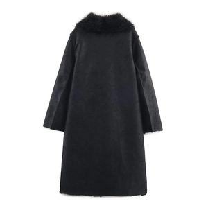 Women's long black faux fur collar coat featuring a reversible minimalist design