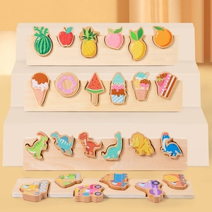 Educational wooden shape sorting puzzles for toddlers featuring fruits and vehicles
