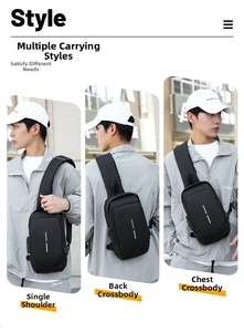 Three-way carry style for black waterproof men's chest bag with anti-theft combination lock