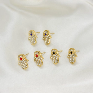 Hamsa Hand Evil Eye Stud Earrings 304 Stainless Steel 18K PVD Gold Plated Rhinestone Inlaid Jewelry For Women