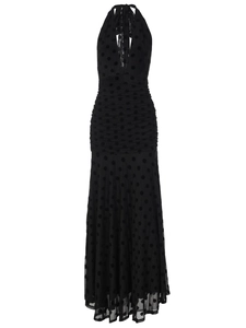 Sleeveless backless black polka dot mesh maxi dress with halter neck and pleated waistline