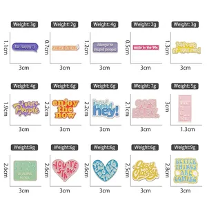 Size chart showing 15 colorful alloy enamel letter pins with dimensions and weights