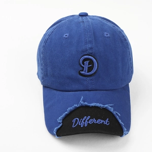 Distressed navy blue baseball cap with embroidered letter D and Different logo detail