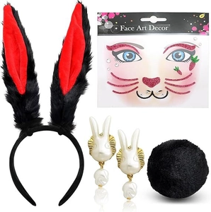 Detail view of black bunny ears headband with pearl earrings and heart face stickers
