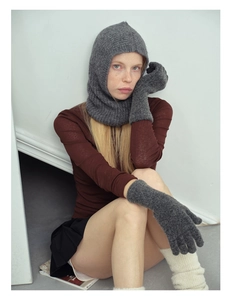 Detail of dark grey wool blend knit hood and matching touchscreen gloves for winter